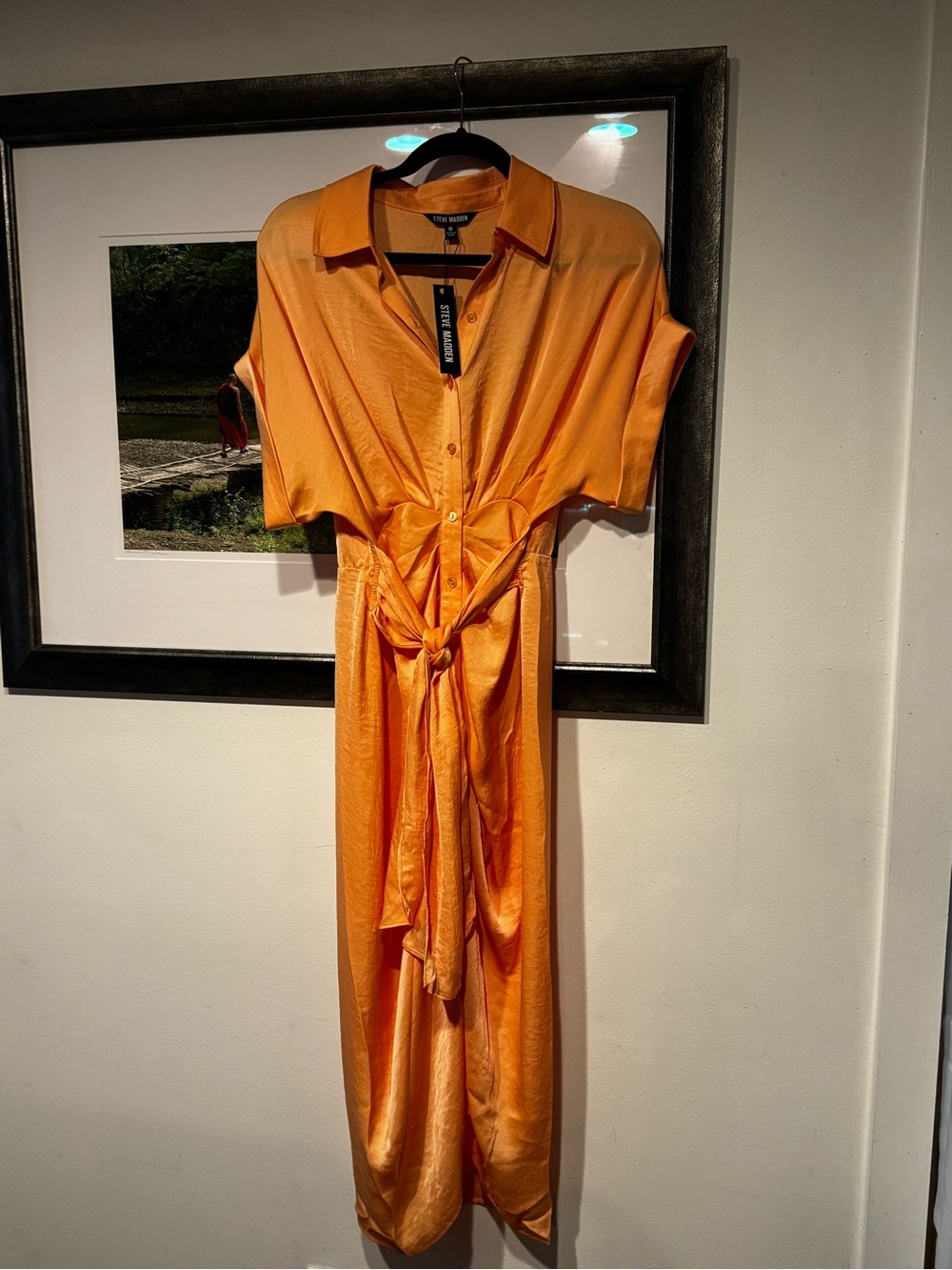 Steve Madden Tori Peach Satin Tie-Waist Maxi Shirt Dress